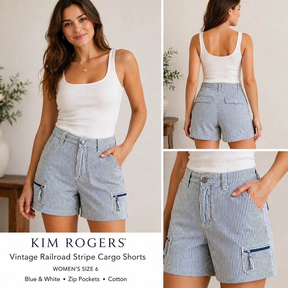 Vintage Kim Rogers Railroad Stripe Cargo Shorts Women's 6 Utility Coastal